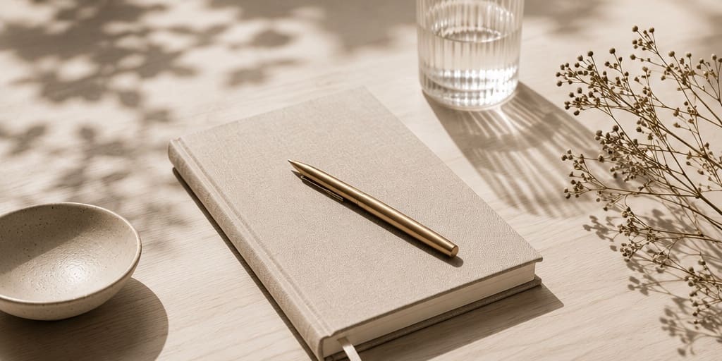 Minimal desk with notebook and pen representing how to choose the best school photographers in Atlanta