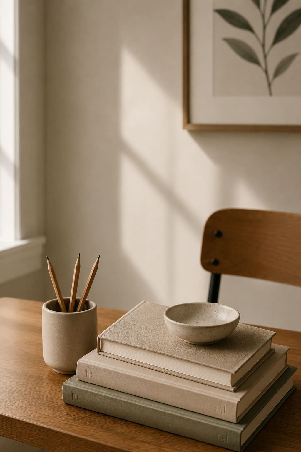 Minimal editorial school-themed still life with books, pencils, and warm natural light