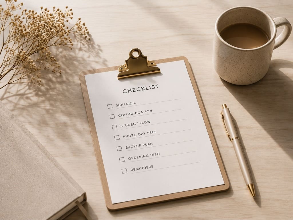 Minimal checklist and desk setup representing school picture day preparation for Atlanta schools