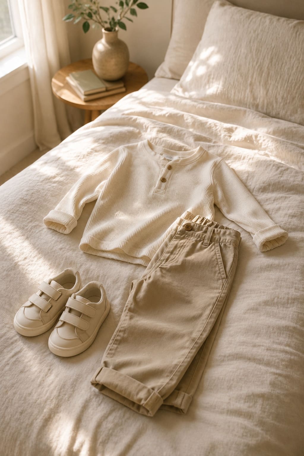 children’s outfit laid out on bed in soft morning light for school picture day preparation