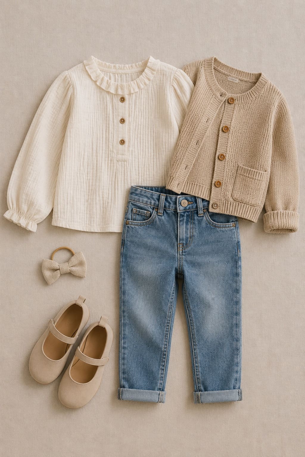 neutral children’s outfit flat lay with cardigan, denim jeans, and simple shoes for school portraits