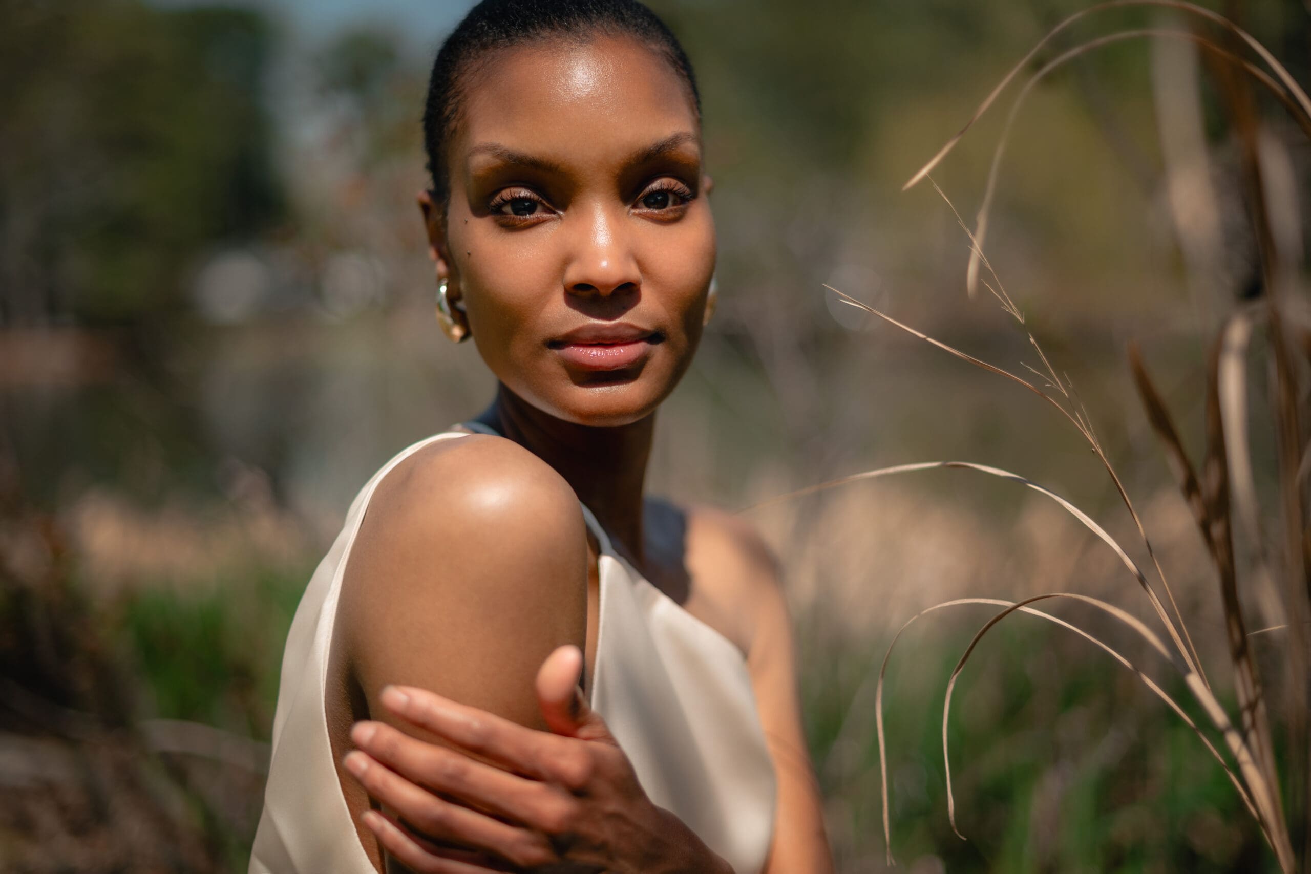 Woman posing during a luxury editorial portrait session at Turron House Studio in Atlanta.